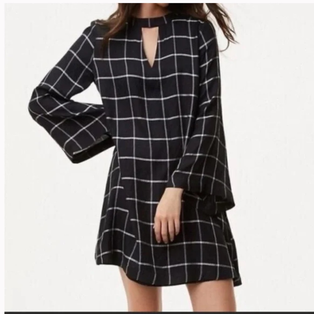 Loft Black and White Windowpane Flared Sleeves Keyhole Neck Dress
